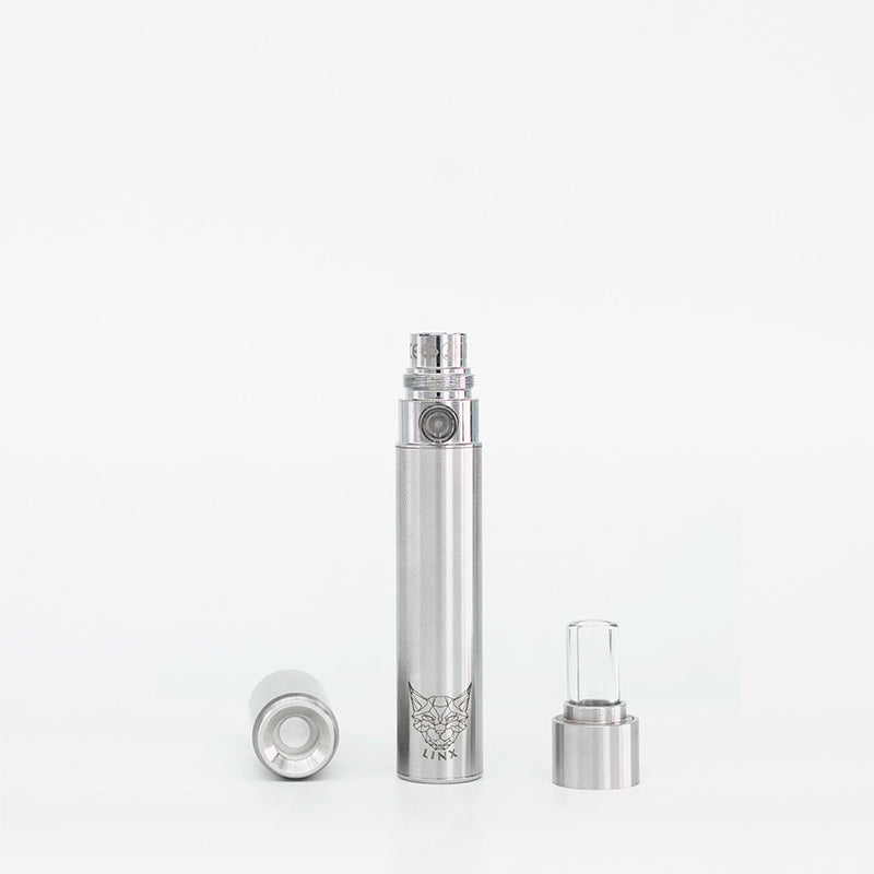 Linx Hypnos Zero Concentrate Vaporizer All Parts Separated 510-threaded Battery, Linx  Zero Ceramic Atomizer and Linx Mouthpiece on white background